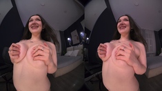 Busty curly brunette with big boobs fucks on couch