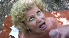 Blonde granny fucked in the woods POV