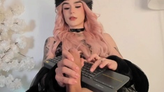 Hot pink haired sissy tgirl stroking her huge cock