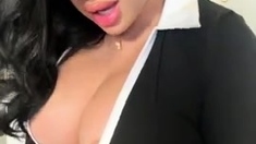 Busty curly brunette with big boobs fucks on couch