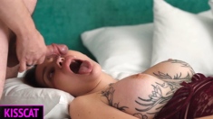 Brunette with big boobs gives a blowjob