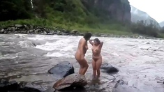 Two Indian Mature Womens Bathing In River Naked