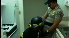 Cop and fireman give each other head in the break room and fuck some butt